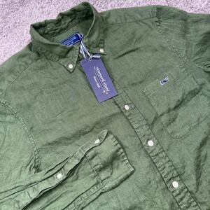 Vineyard Vines Men's Olive Green Button-Down Linen Shirt with Whale Logo